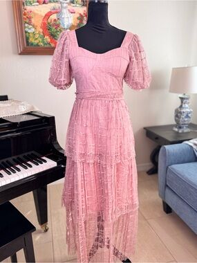Pink Lace Tiered Midi Dress - Elegant Puff Sleeve Design